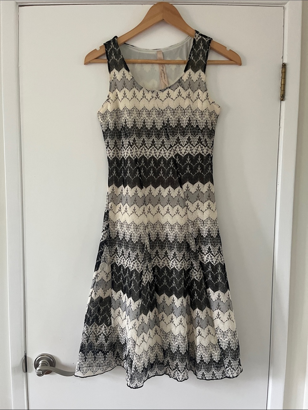 Mystree Sleeveless Black, Grey and Cream Patterned Fit-and-Flare Dress